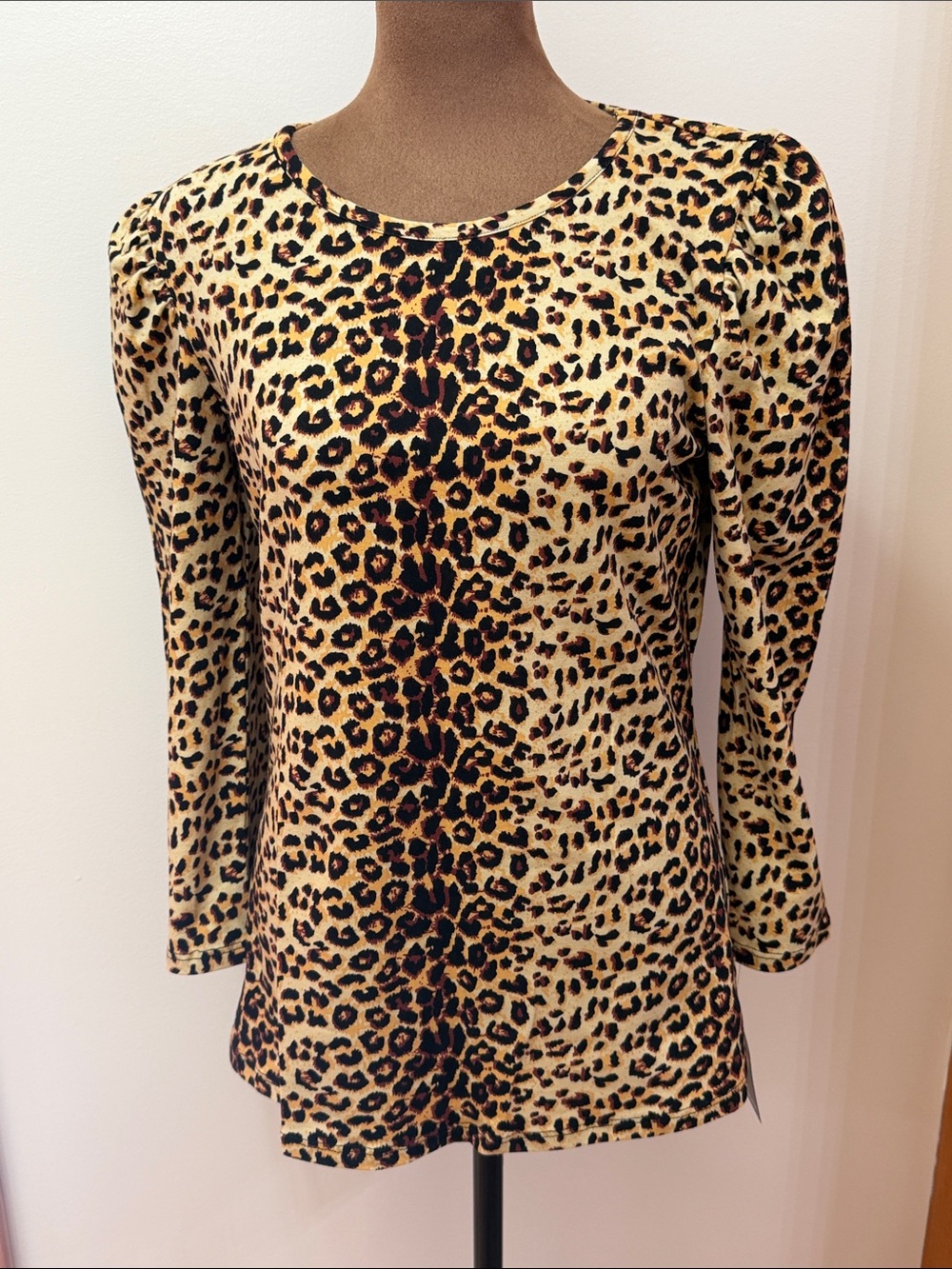 Boston Proper Leopard Print Long Sleeve Crewneck Top with Puff Sleeves. Size S